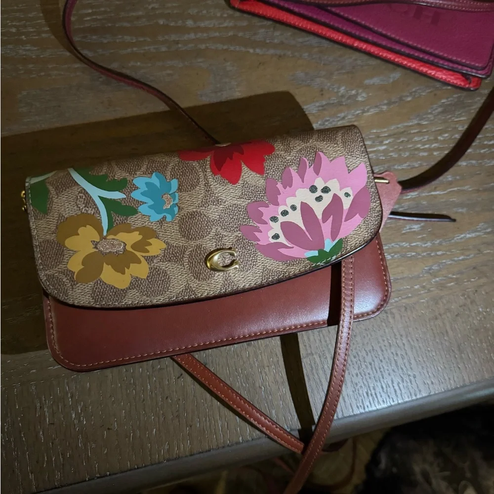 Coach Red and Brown Crossbody Bag with Floral Accents - Picture 4 of 4